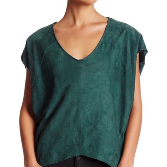 Muubaa Hi-Low Sinatra Drape Suede Turquoise Teal Top Relaxed Blouse 4 Small - Picture 3 of 11